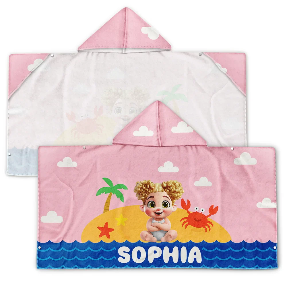 Kid Baby Sitting On The Beach - Personalized Hooded Beach Towel - Image 2