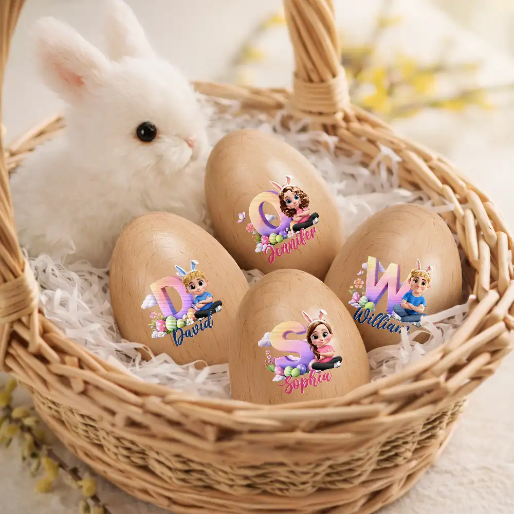 Kid Baby Sitting With Easter Alphabet Letters - Personalized Musical Wooden Easter Egg Shaker - Image 2
