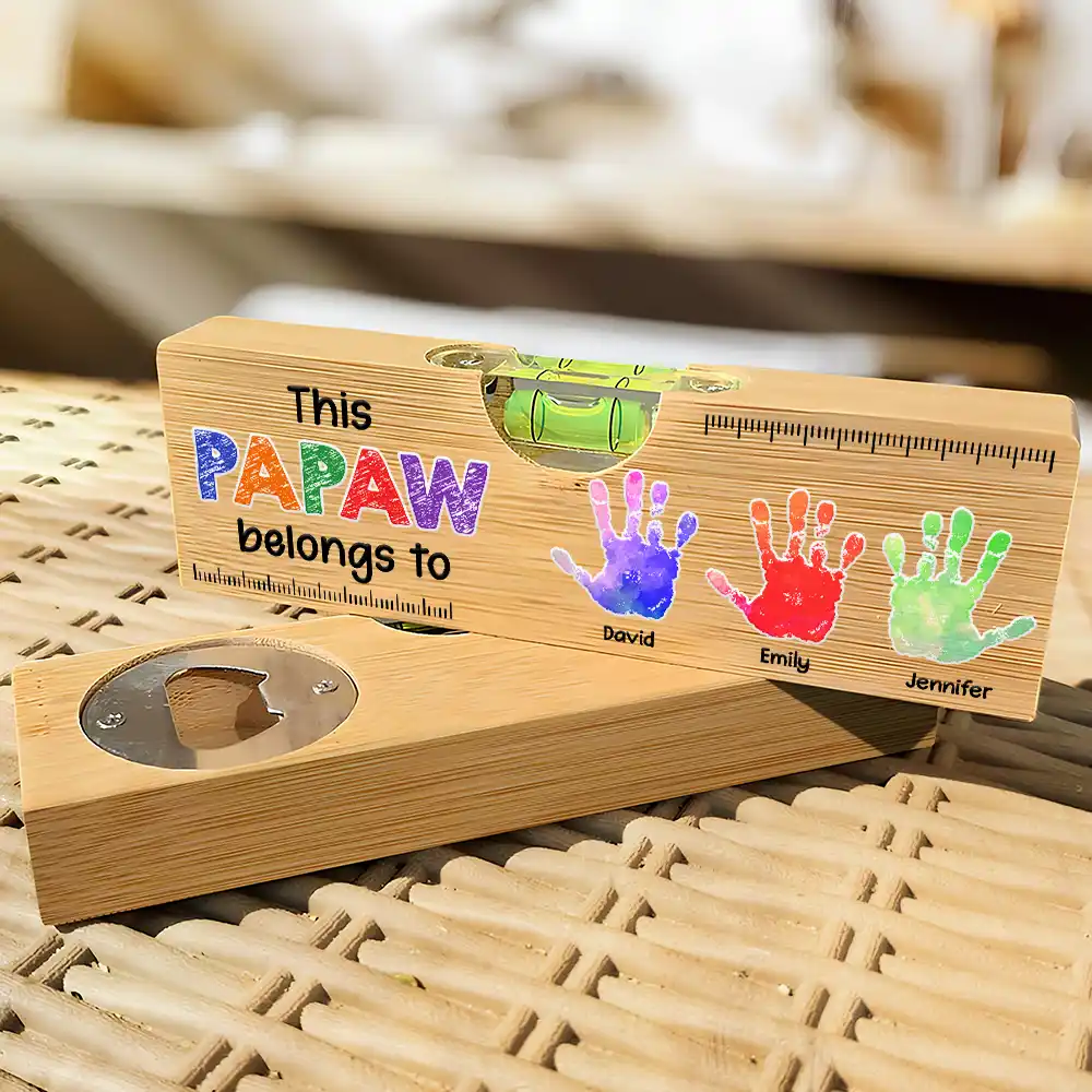 Kid Handprint This Grandpa Daddy Belongs To - Personalized Bottle Opener Wood Level - Image 3