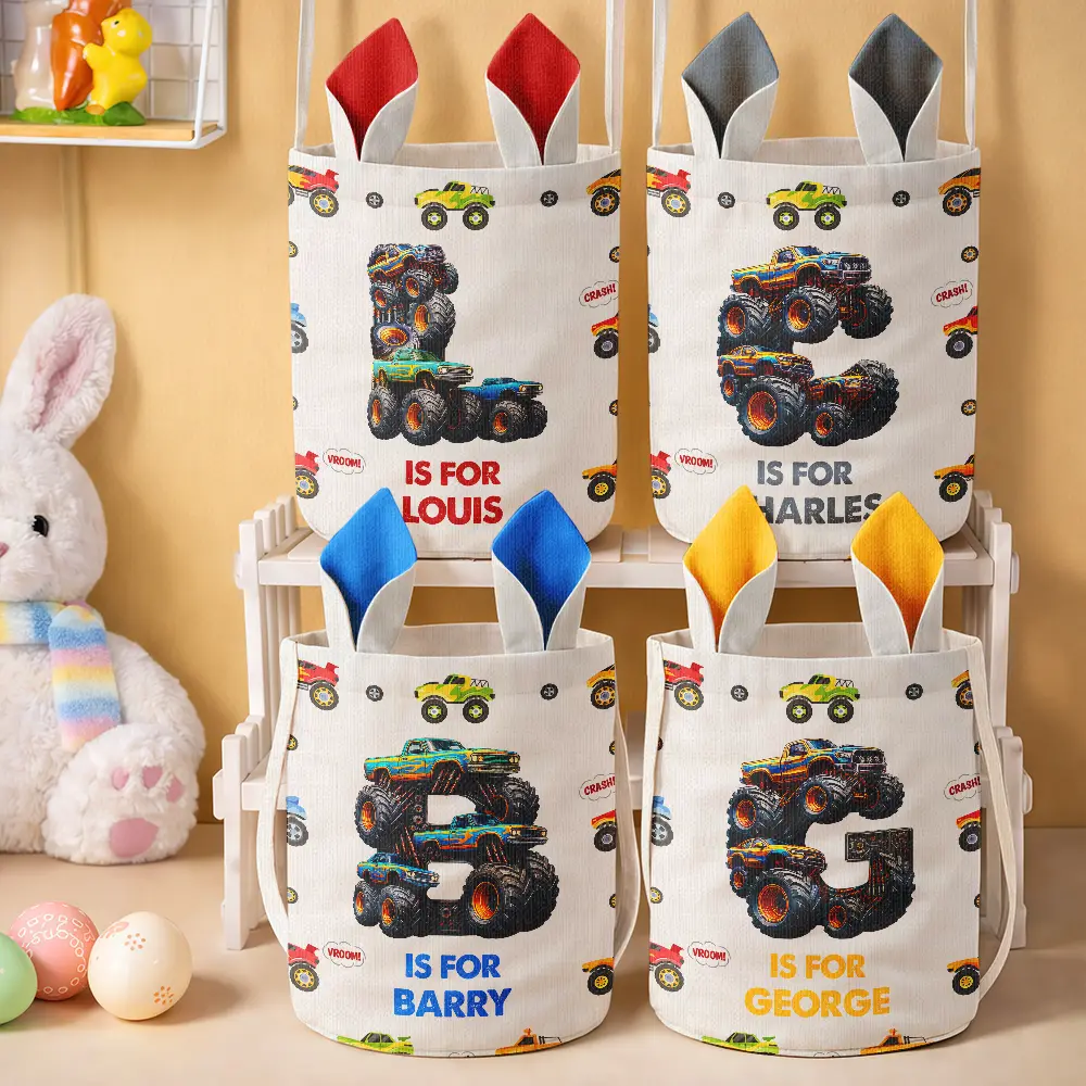 Kid Monster Truck Toy Container Monogram Initial - Personalized Bunny Ears Bucket Bag - Image 2