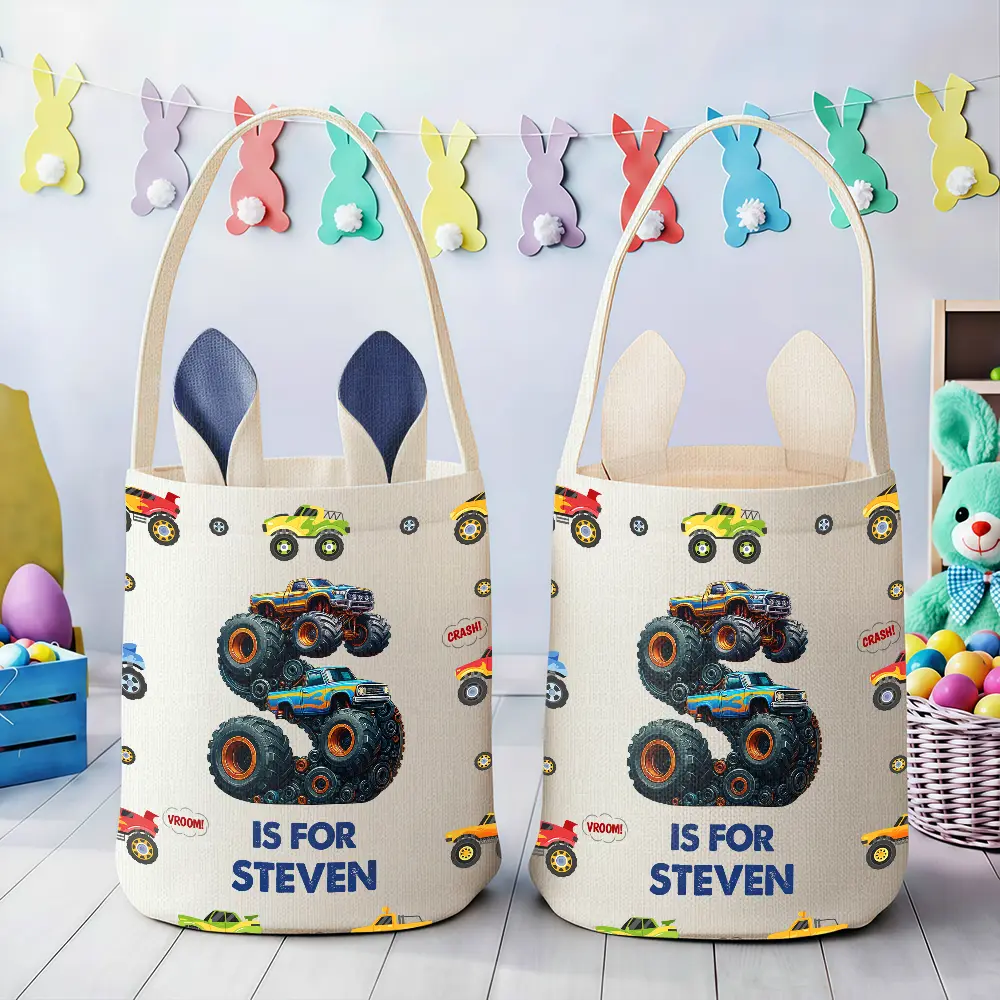 Kid Monster Truck Toy Container Monogram Initial - Personalized Bunny Ears Bucket Bag - Image 3
