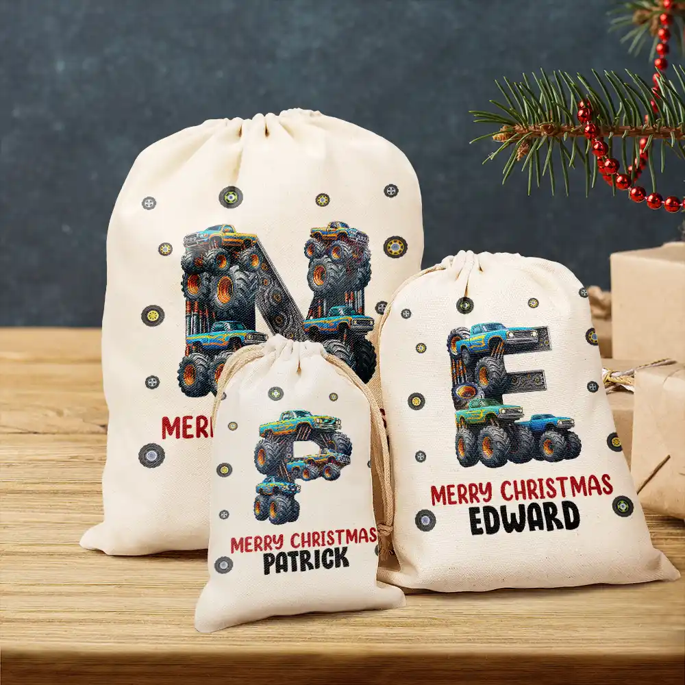 Kid Monster Truck Toy Container Monogram Initial - Personalized Favor Bag - Image 3