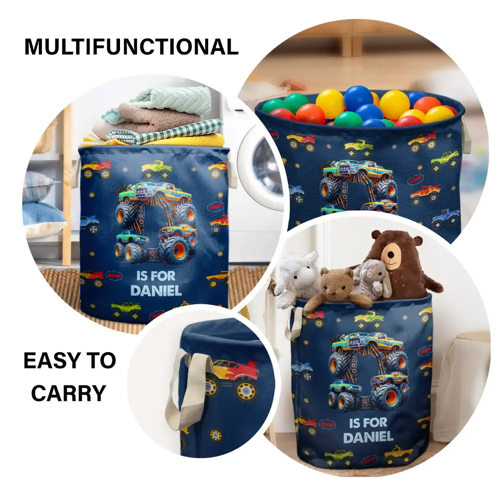 Kid Monster Truck Toy Container Monogram Initial - Personalized Laundry Basket, Storage Basket - Image 4