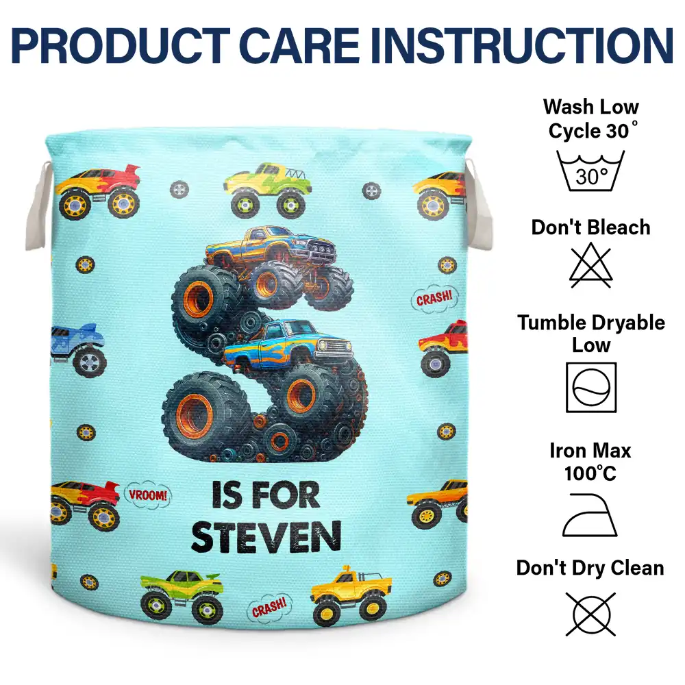 Kid Monster Truck Toy Container Monogram Initial - Personalized Laundry Basket, Storage Basket - Image 6