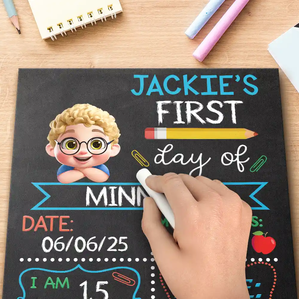 Kid Resting On Arms First Day Of School - Personalized School Sign - Image 4