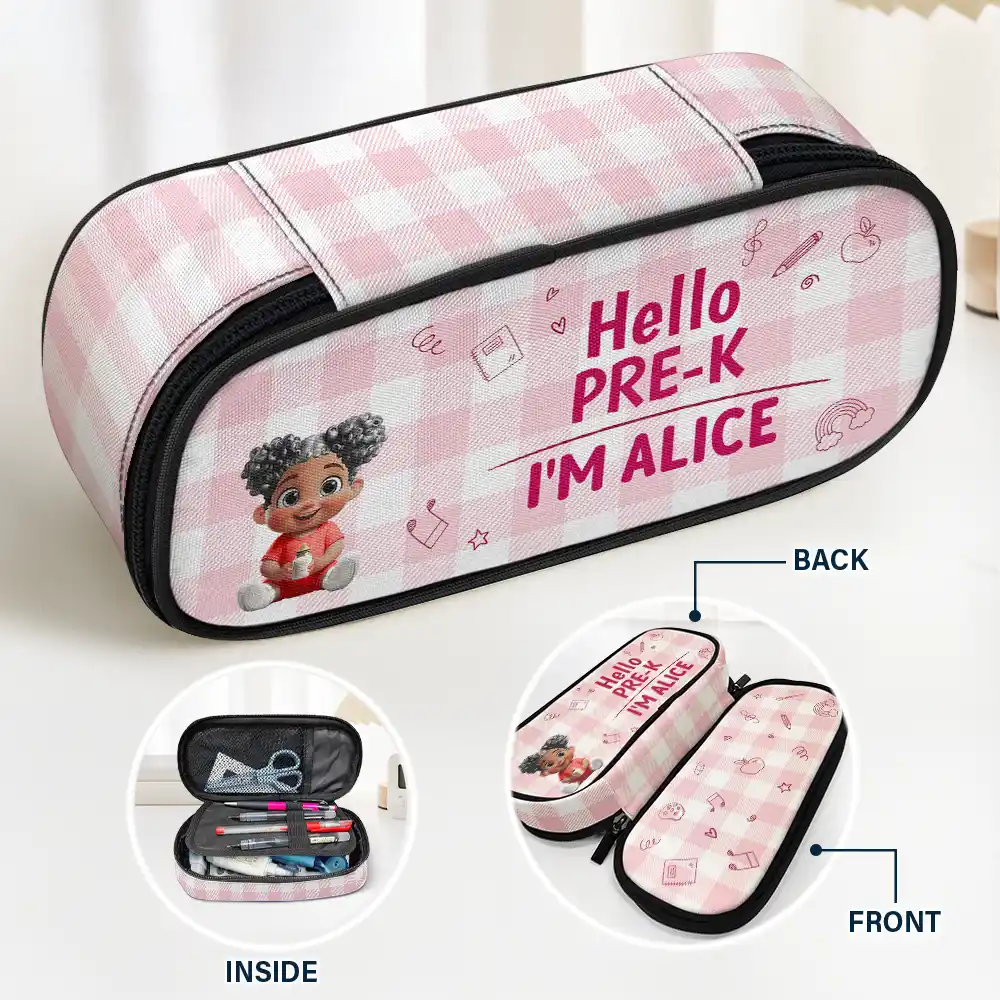 Kid Sitting Hello Kindergarten Grade - Personalized Pencil Case - Image 2