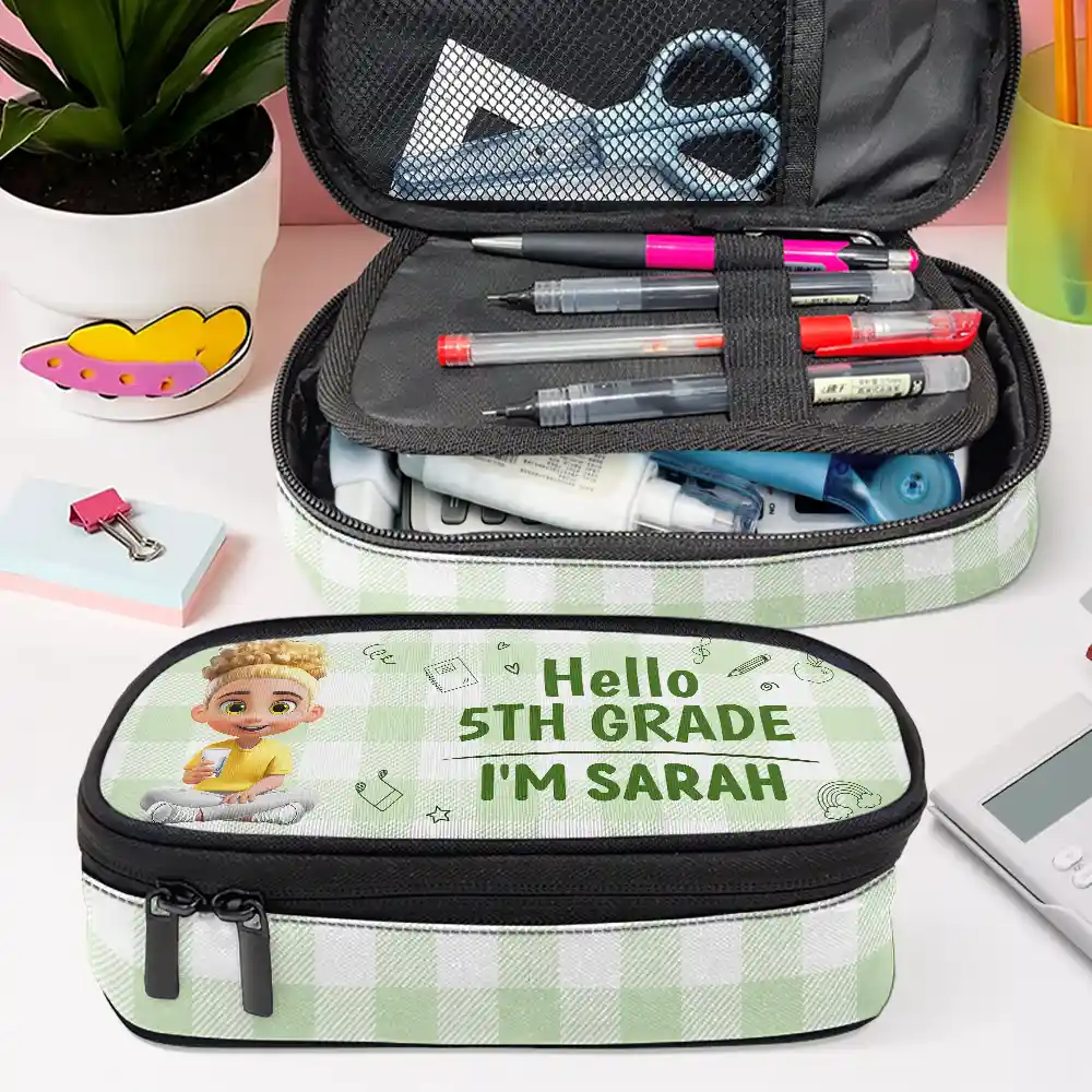 Kid Sitting Hello Kindergarten Grade - Personalized Pencil Case - Image 4
