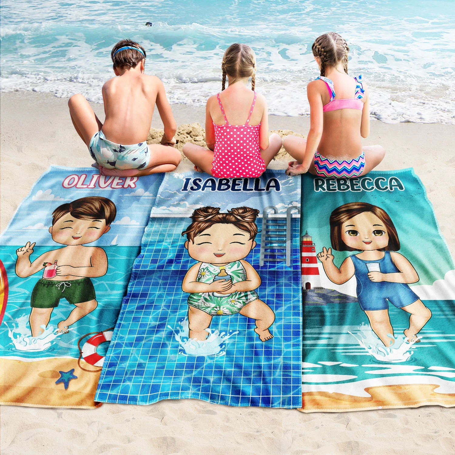 Kids On The Beach Sand Pool - Gift For Children, Grandkids - Personalized Custom Beach Towel - Image 2