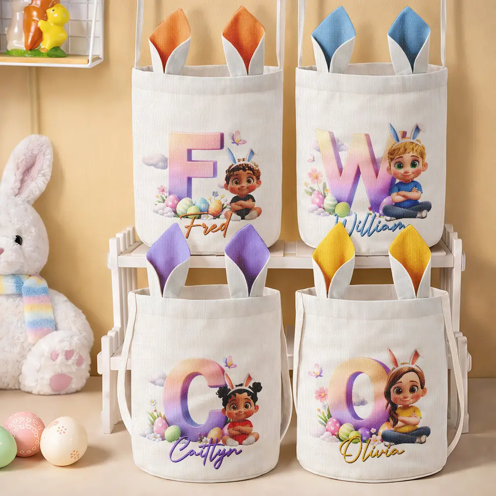 Kids Sitting With Easter Alphabet Letters - Personalized Bunny Ears Bucket Bag - Image 2