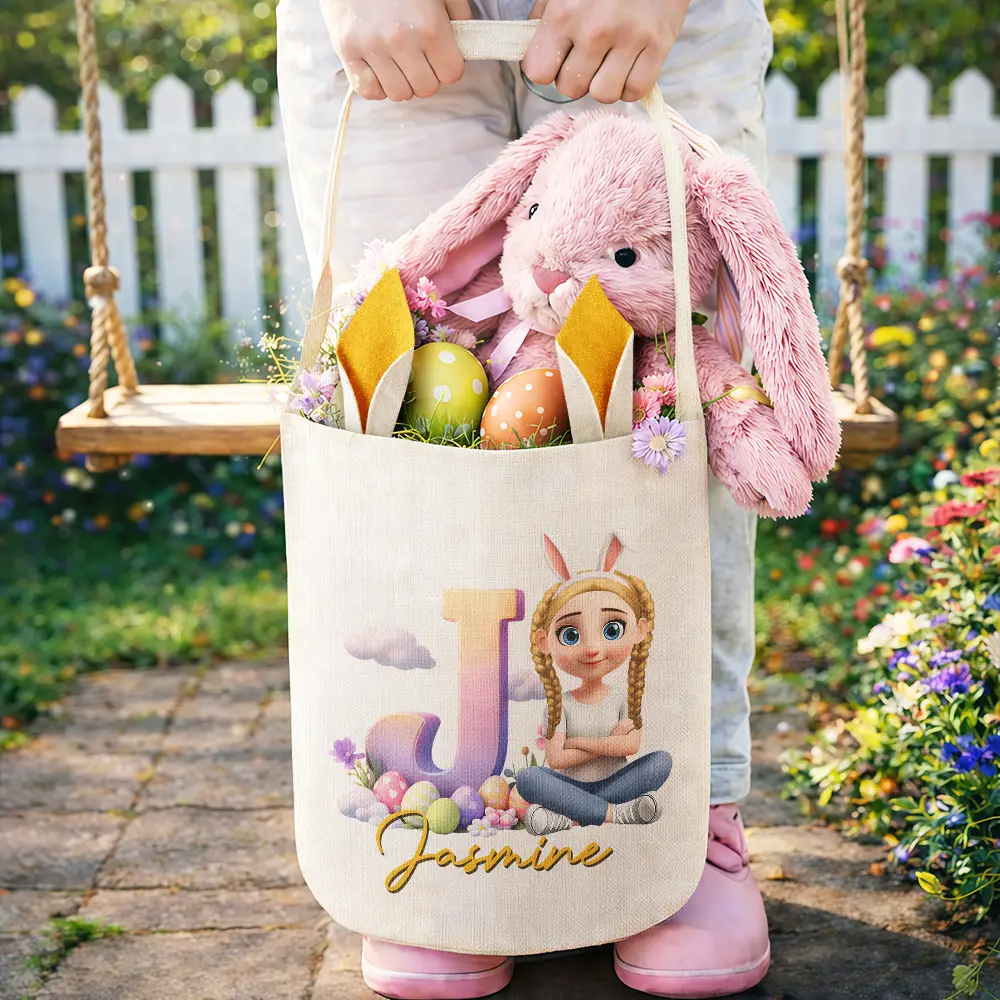 Kids Sitting With Easter Alphabet Letters - Personalized Bunny Ears Bucket Bag - Image 4