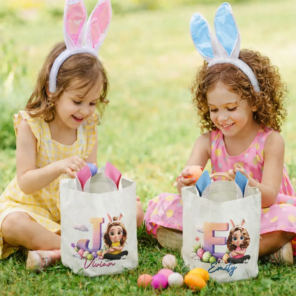 Kids Sitting With Easter Alphabet Letters - Personalized Bunny Ears Bucket Bag - Image 6
