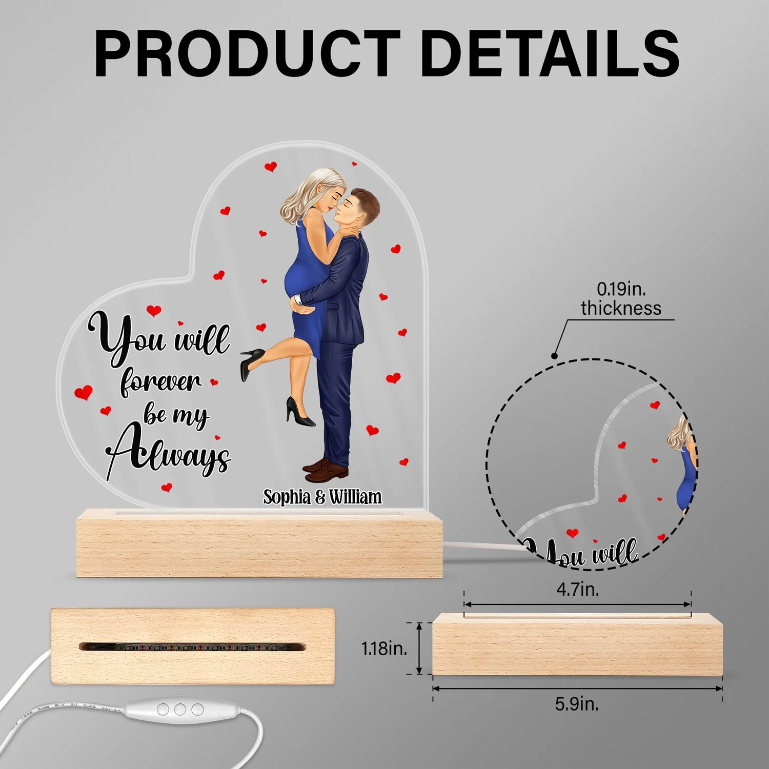 Kissing Couple I Love You - Anniversary, Birthday Gift For Spouse, Lover, Husband, Wife, Boyfriend, Girlfriend, Married Couples - Personalized Custom 3D Led Light Wooden Base - Image 5