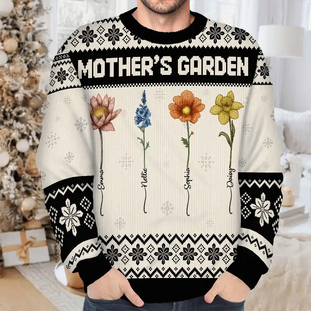 Knitted Effect Birth Flower Grandma's Garden - Personalized Unisex Ugly Sweater - Image 4