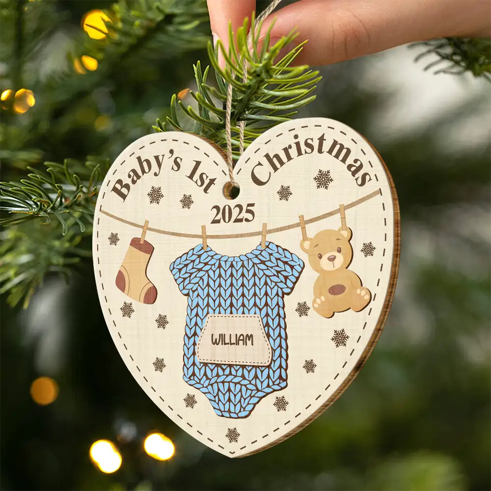 Knitted Onesie Baby's First Christmas - Personalized Custom Shaped Wooden Ornament - Image 2