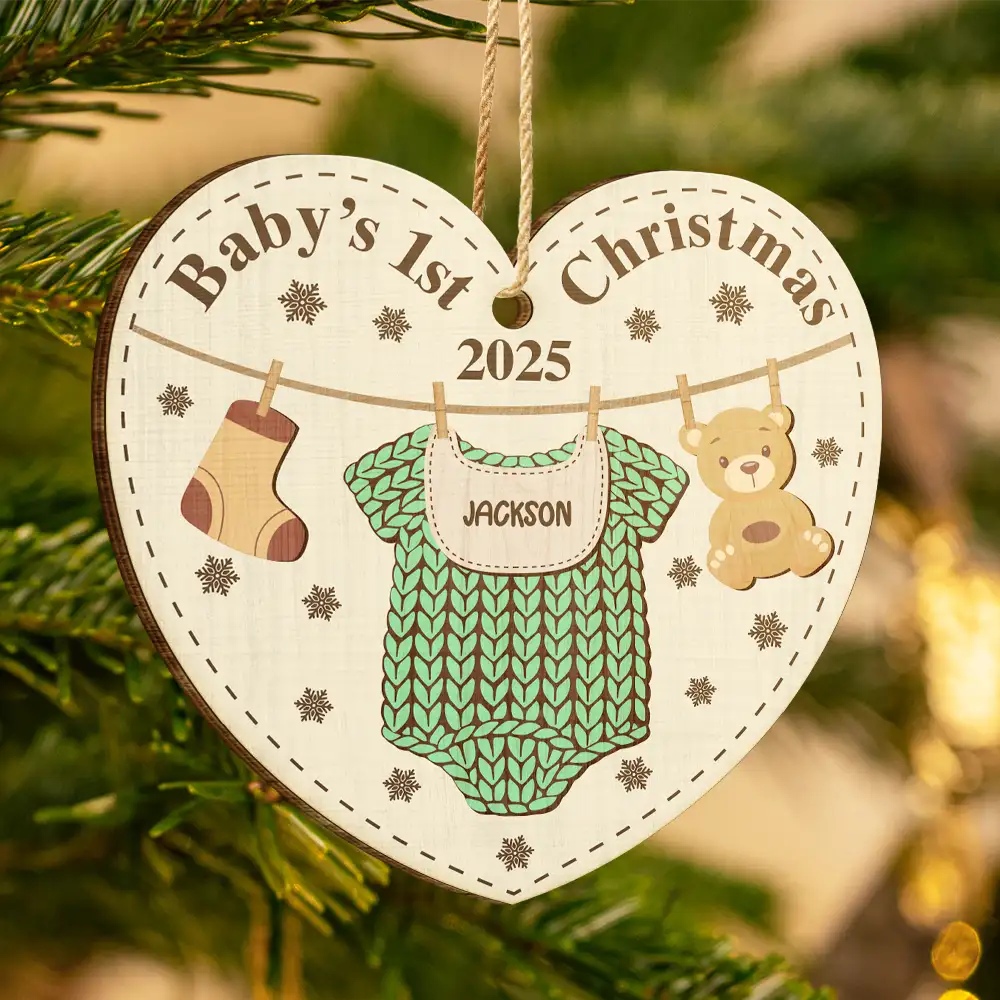 Knitted Onesie Baby's First Christmas - Personalized Custom Shaped Wooden Ornament - Image 3