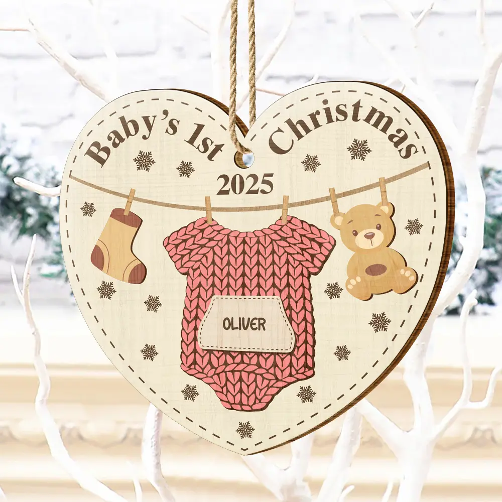 Knitted Onesie Baby's First Christmas - Personalized Custom Shaped Wooden Ornament - Image 4