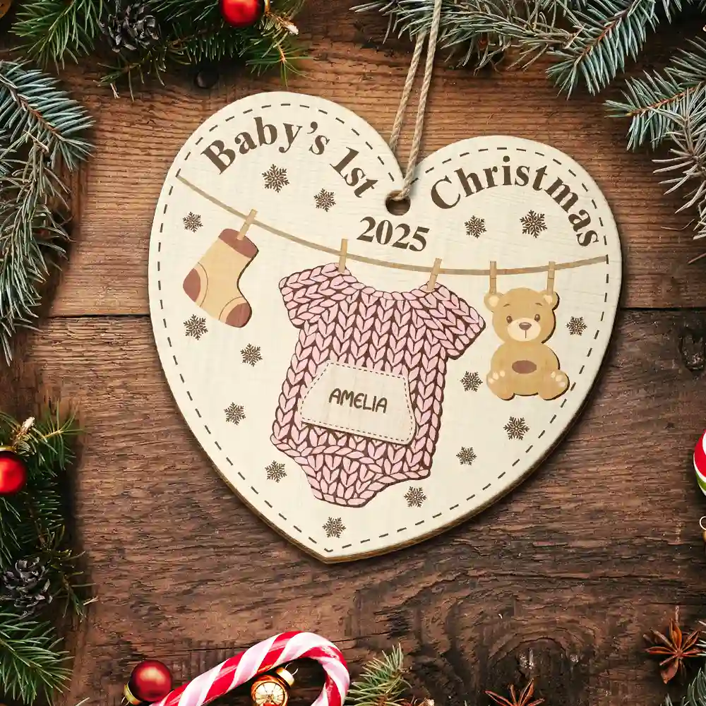 Knitted Onesie Baby's First Christmas - Personalized Custom Shaped Wooden Ornament - Image 5