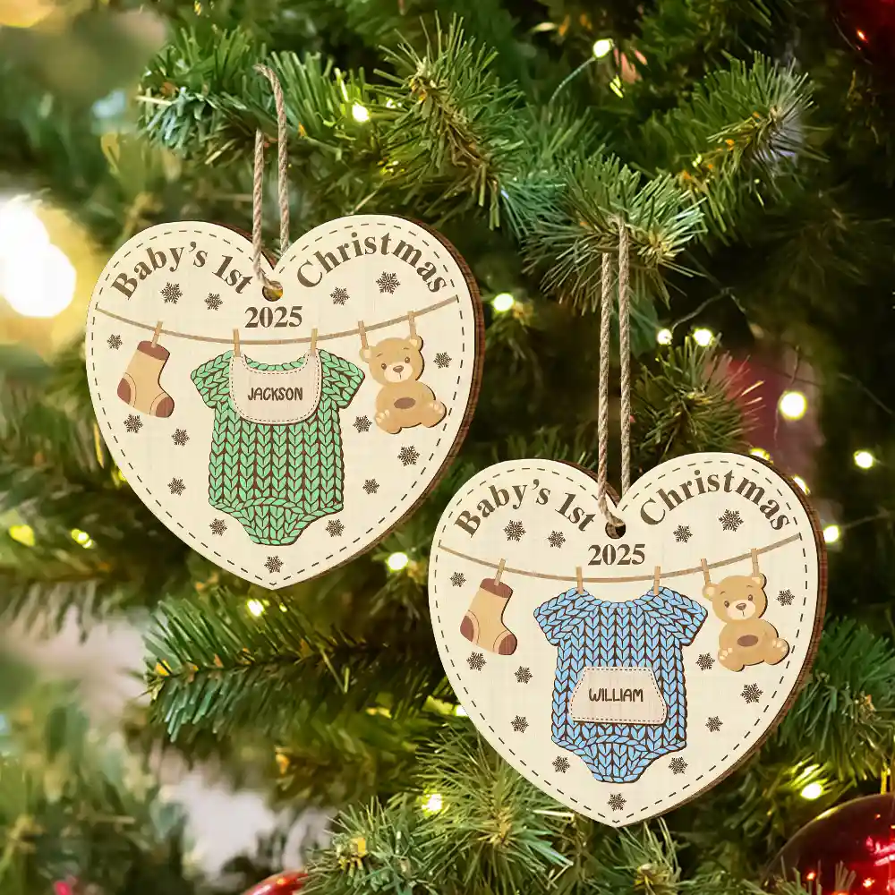 Knitted Onesie Baby's First Christmas - Personalized Custom Shaped Wooden Ornament - Image 6