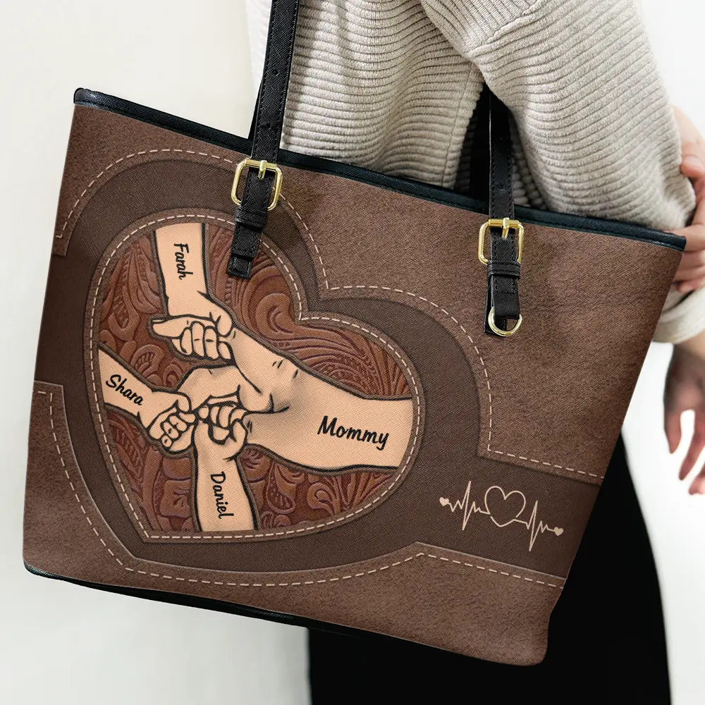 Leather Holding Hands Icon Mom Grandma & Kids - Personalized Leather Tote Bag - Image 3