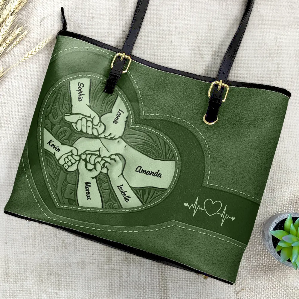 Leather Holding Hands Icon Mom Grandma & Kids - Personalized Leather Tote Bag - Image 4