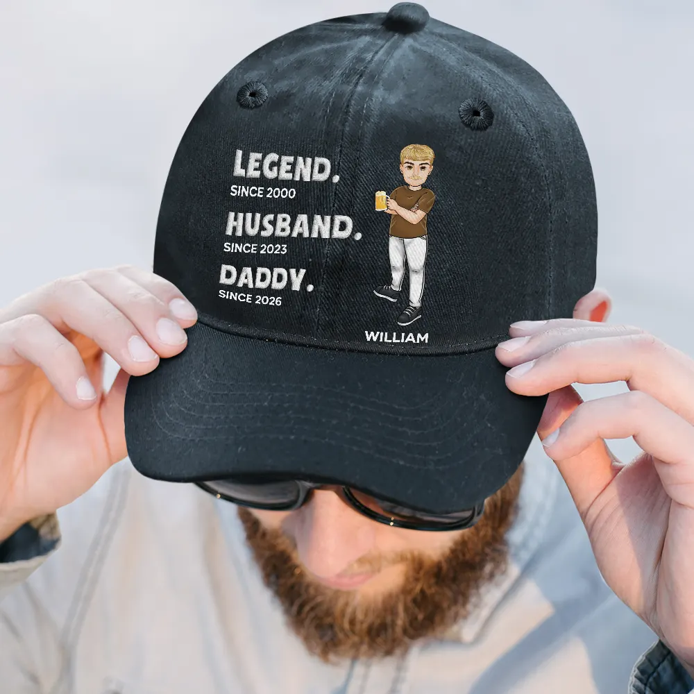Legend Husband Daddy Embroidery Effect - Personalized Vintage Washed Denim Cap - Image 2