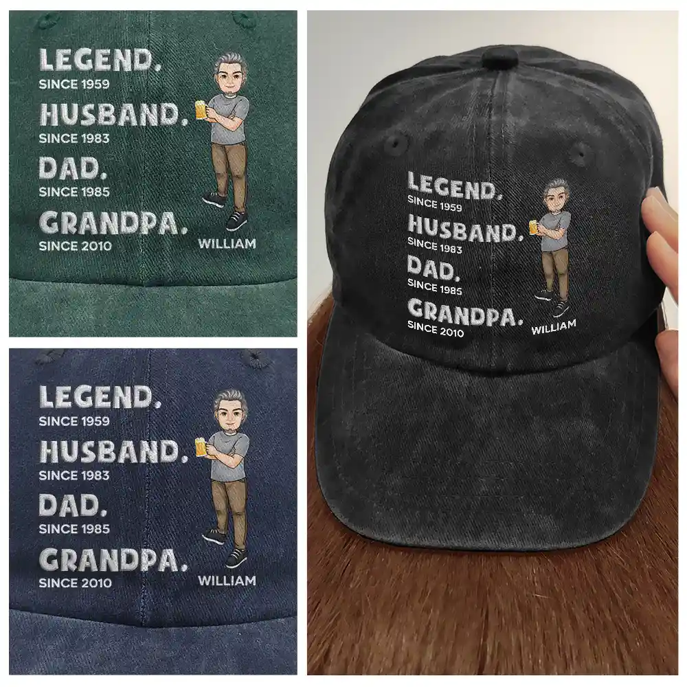 Legend Husband Daddy Embroidery Effect - Personalized Vintage Washed Denim Cap - Image 4