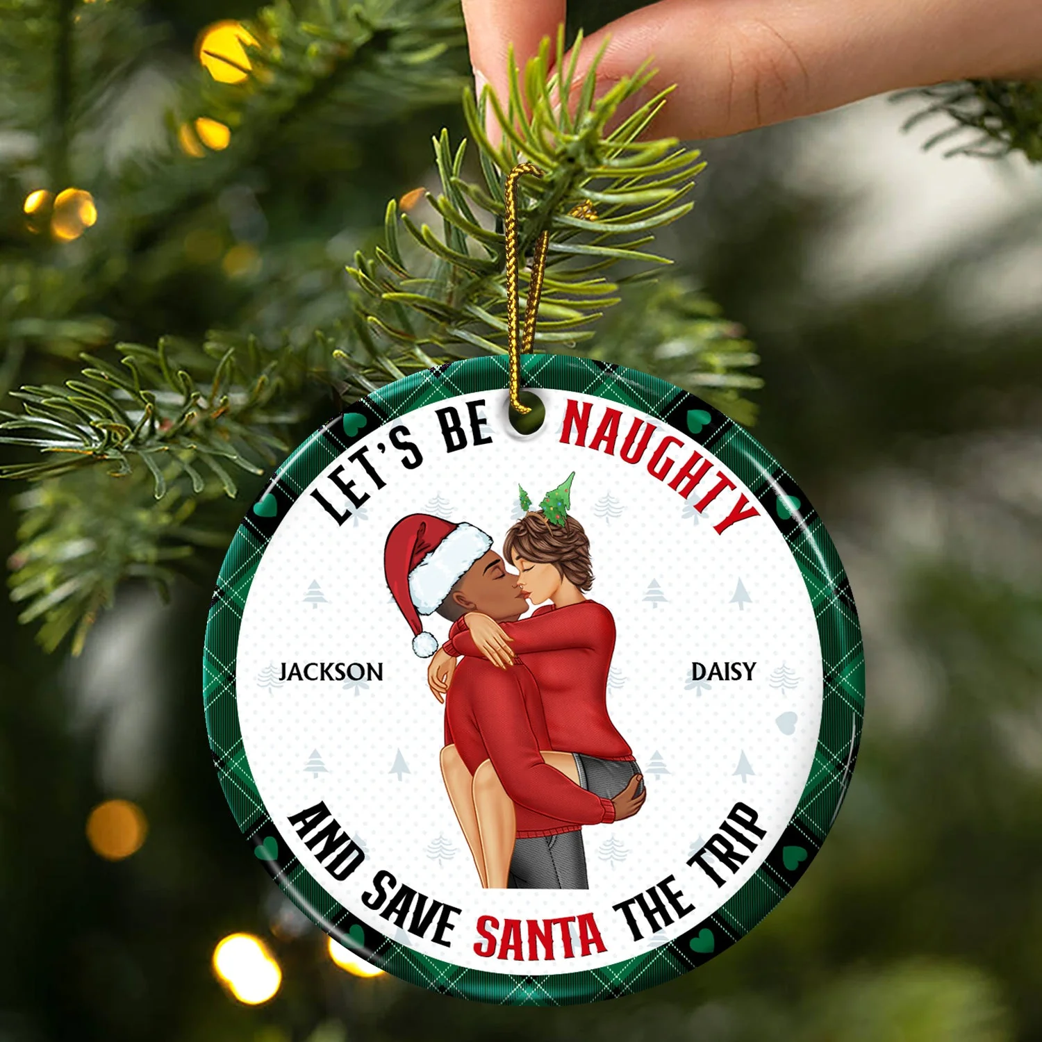 Let's Be Naughty - Anniversary, Christmas Gift For Couples, Family - Personalized Circle Ceramic Ornament - Image 3