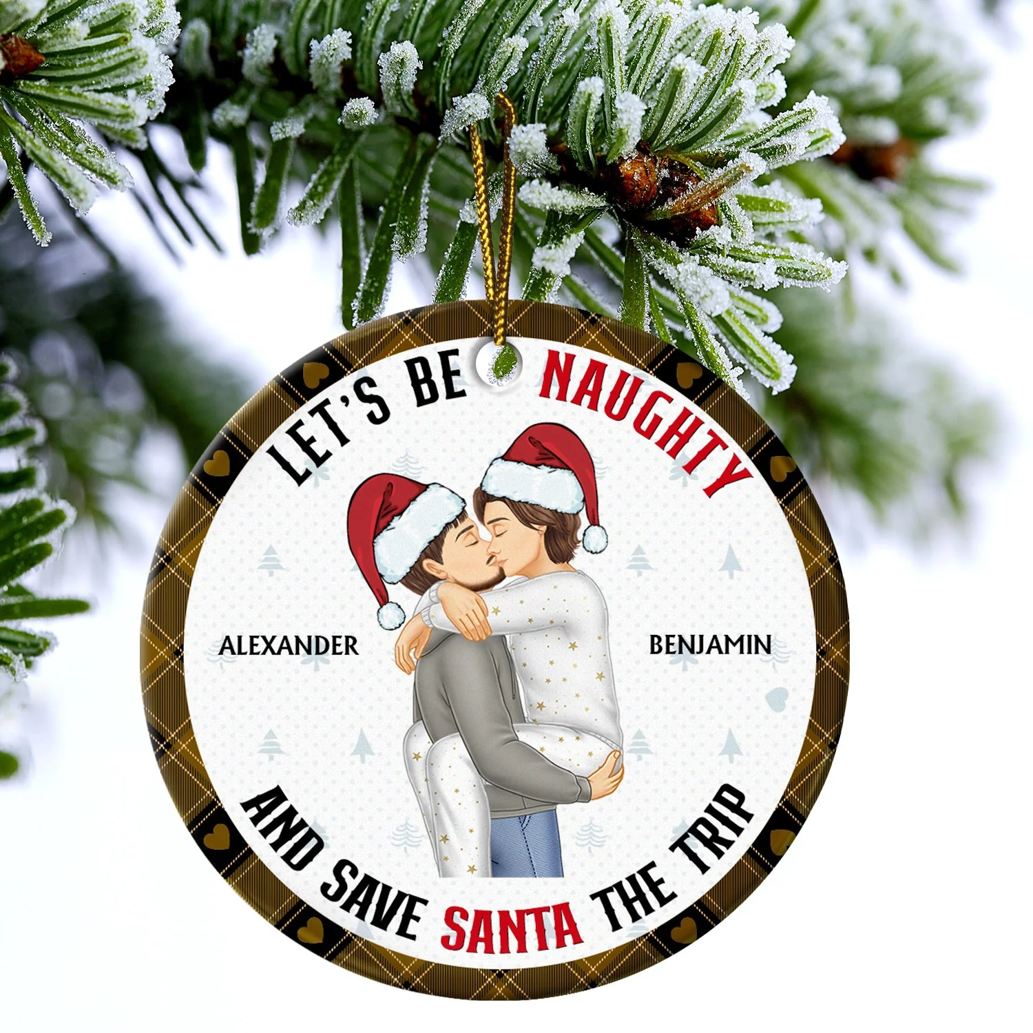 Let's Be Naughty - Anniversary, Christmas Gift For Couples, Family - Personalized Circle Ceramic Ornament - Image 4