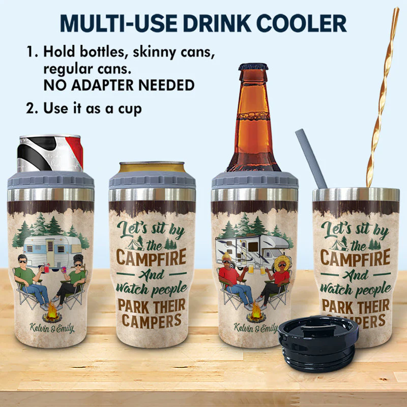 Let's Sit By The Campfire And Watch People Park Their Campers Husband Wife Family - Couple Gift - Personalized Custom Triple 3 In 1 Can Cooler - Image 2