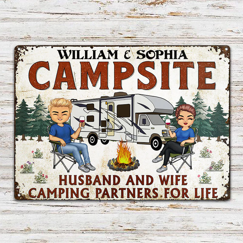Let's Sit By The Campfire Husband Wife Camping - Couple Gift - Personalized Custom Classic Metal Signs - Image 2