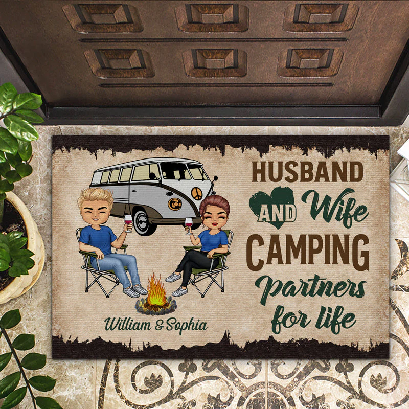 Let's Sit By The Campfire Husband Wife Camping - Couple Gift - Personalized Custom Doormat - Image 2