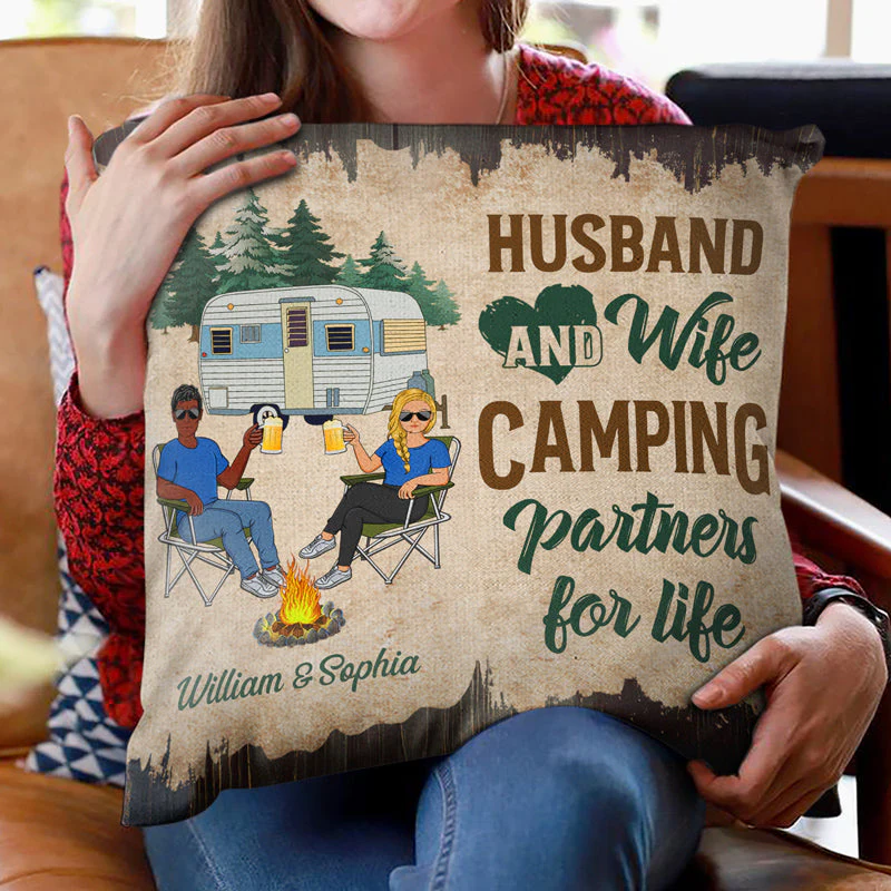 Let's Sit By The Campfire Husband Wife Camping Couple - Personalized Custom Pillow - Image 2