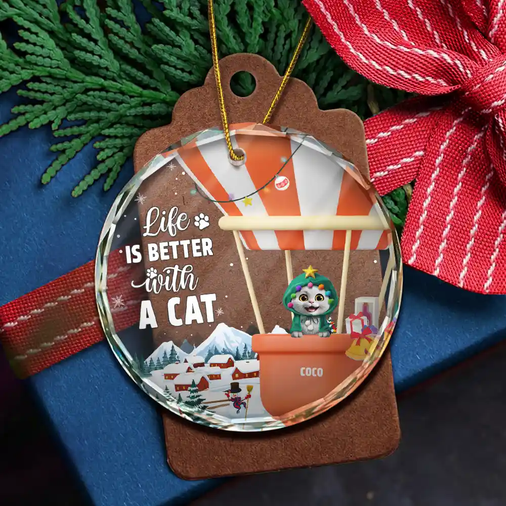 Life Is Better With A Dog Cat - Personalized Circle Glass Ornament - Image 5