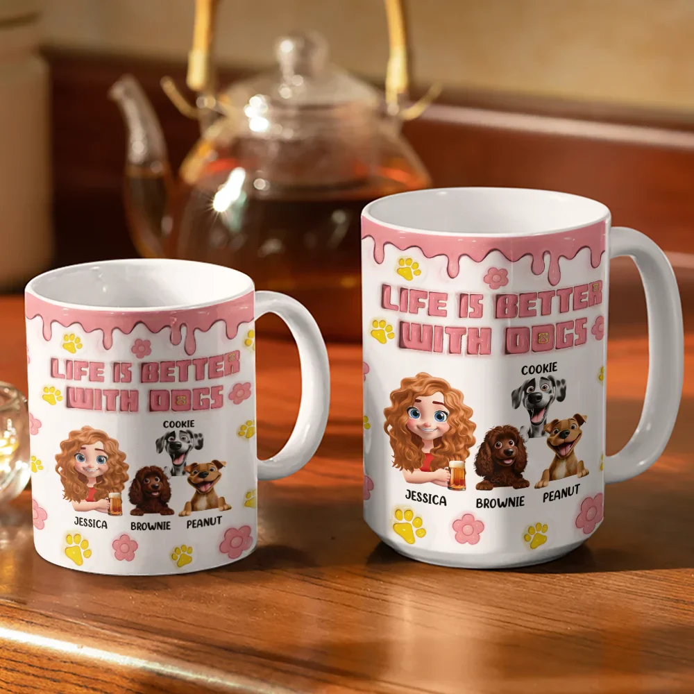 Life Is Better With Dogs 3D Effect - 3D Inflated Effect Printed Mug, Personalized White Edge-to-Edge Mug - Image 3