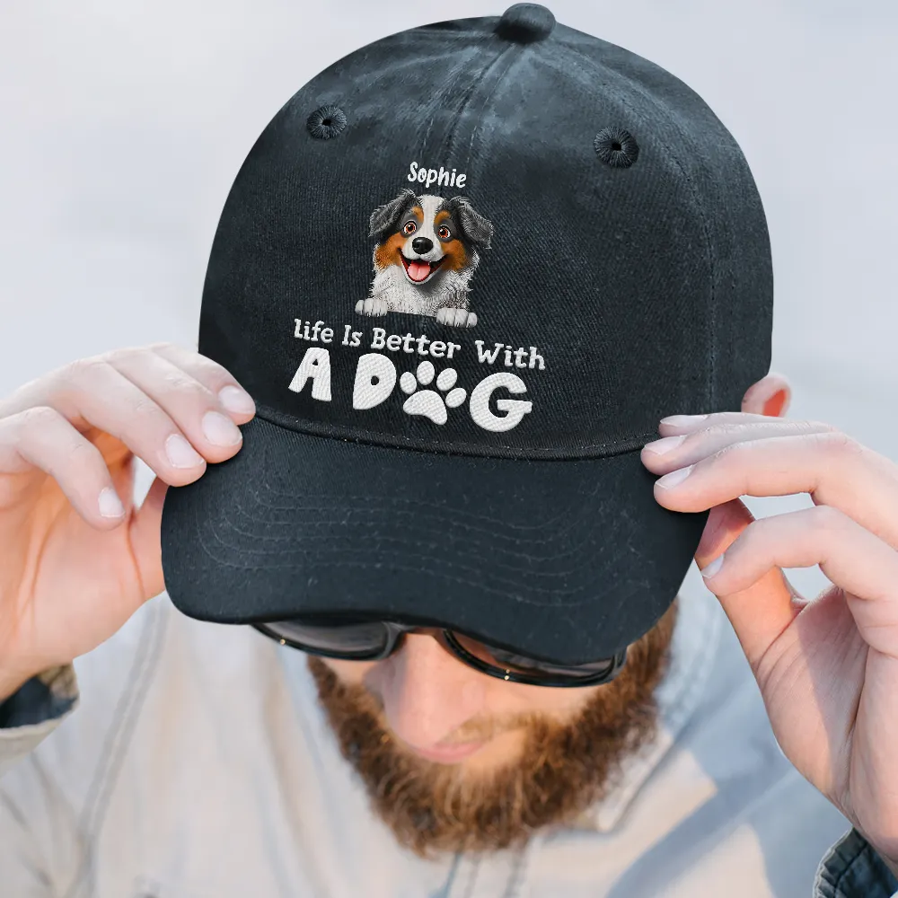 Life Is Better With Dogs - Personalized Vintage Washed Denim Cap - Image 2
