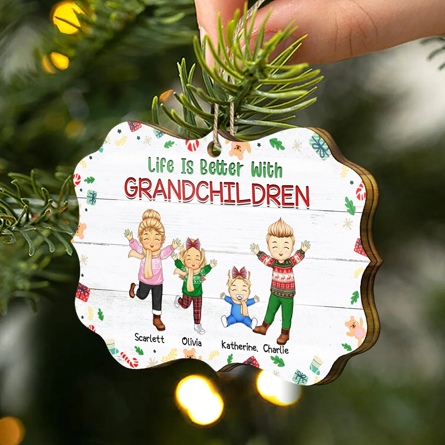 Life Is Better With Grandkids - Christmas, Loving Gift For Grandpa, Grandma, Grandparents - Personalized Medallion Wooden Ornament - Image 2