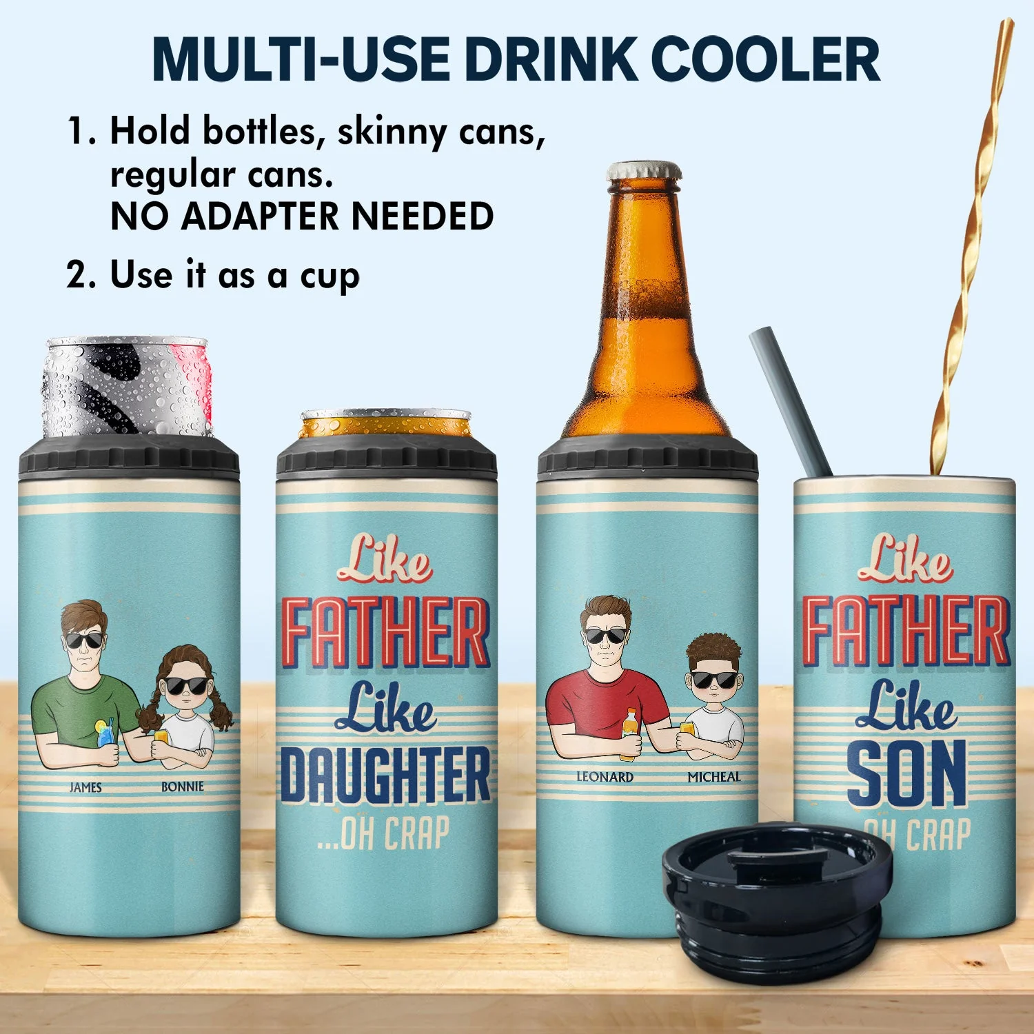 Like Father Like Daughter Like Son - Birthday, Loving Gift For Father, Grandpa, Grandfather - Personalized Custom 4 In 1 Can Cooler Tumbler - Image 2