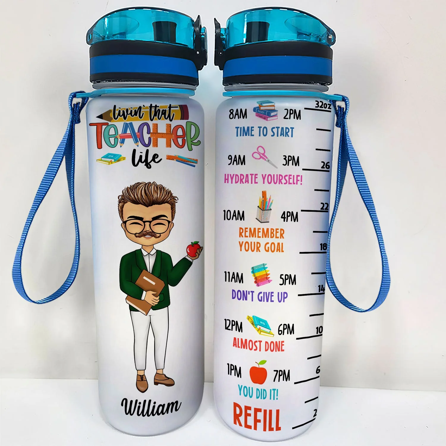 Living That Teacher Life - Gift For Teacher - Personalized Water Tracker Bottle - Image 2