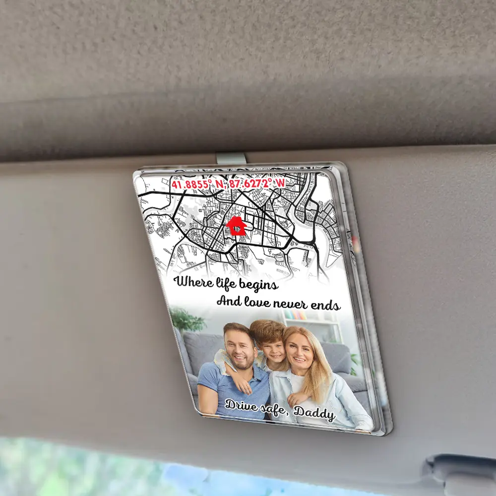 Location Coordinates Custom Photo Where Life Begins And Love Never Ends - Personalized Custom Shaped Acrylic Car Visor Clip - Image 2