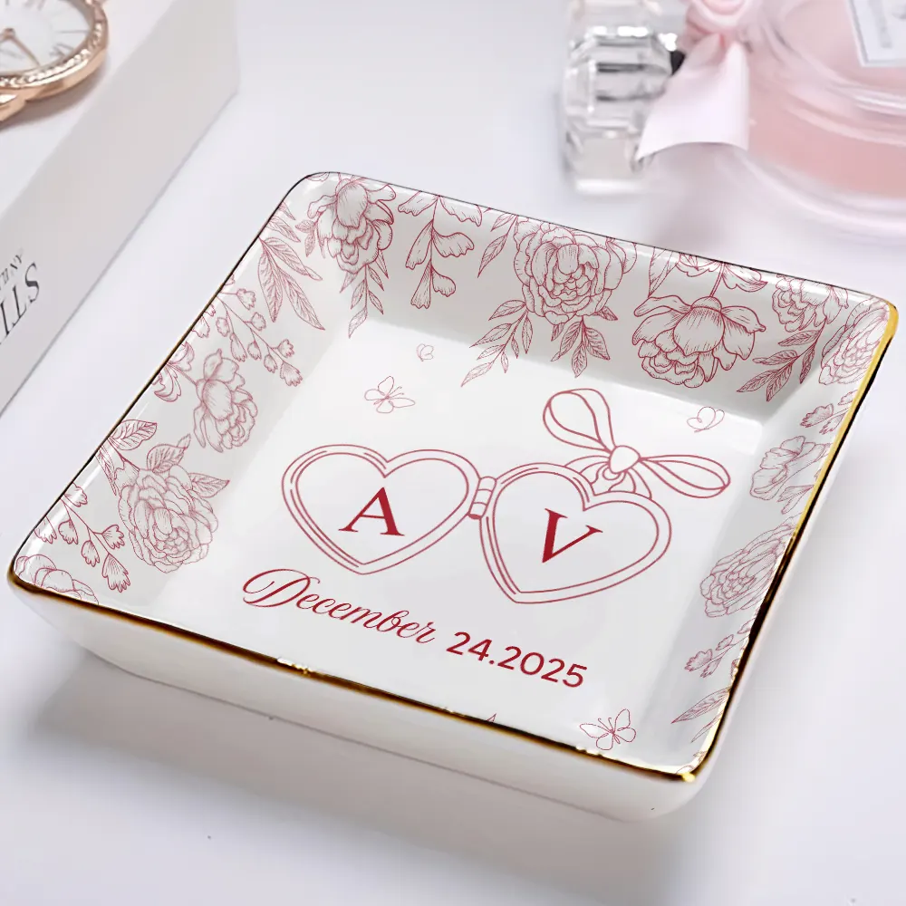 Locked Ring Dish Toile Pattern Couple - Personalized Ring Dish - Image 2