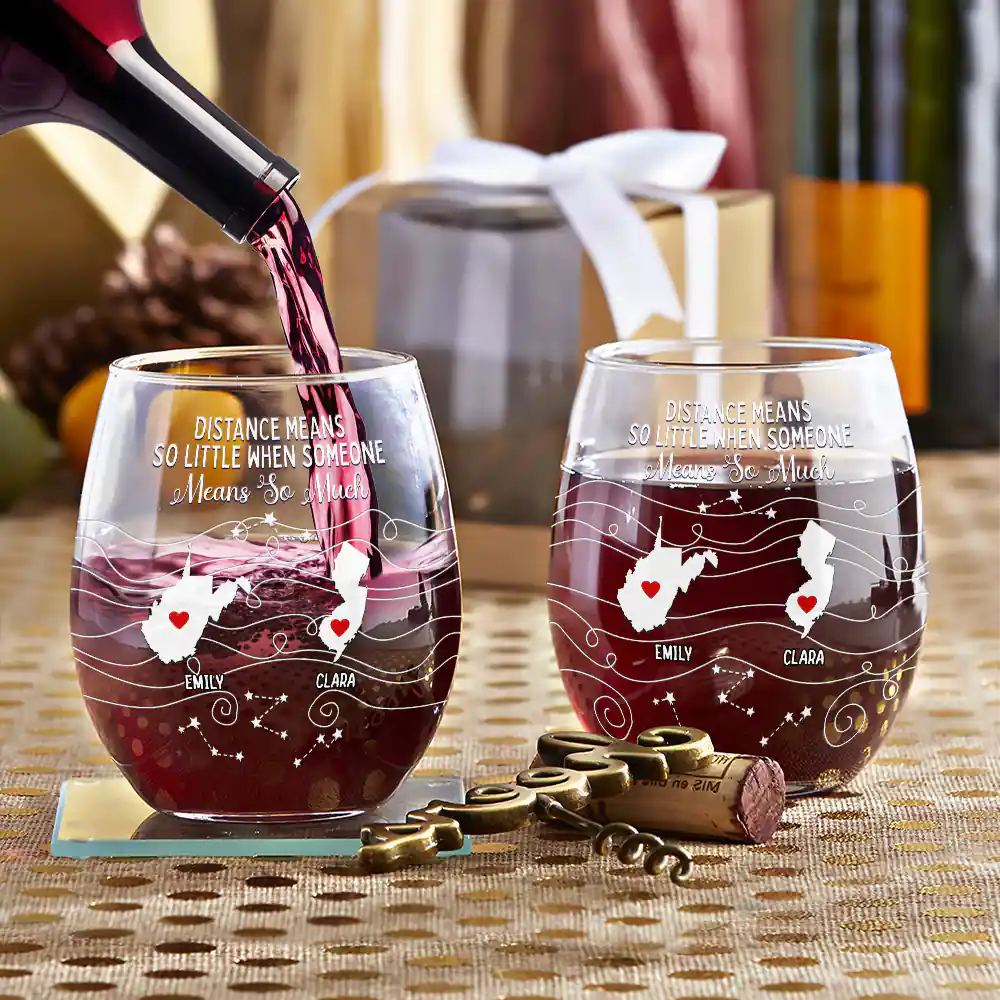 Long Distance Family Bestie Never Too Far To Drink - Personalized Stemless Wine Glass - Image 3