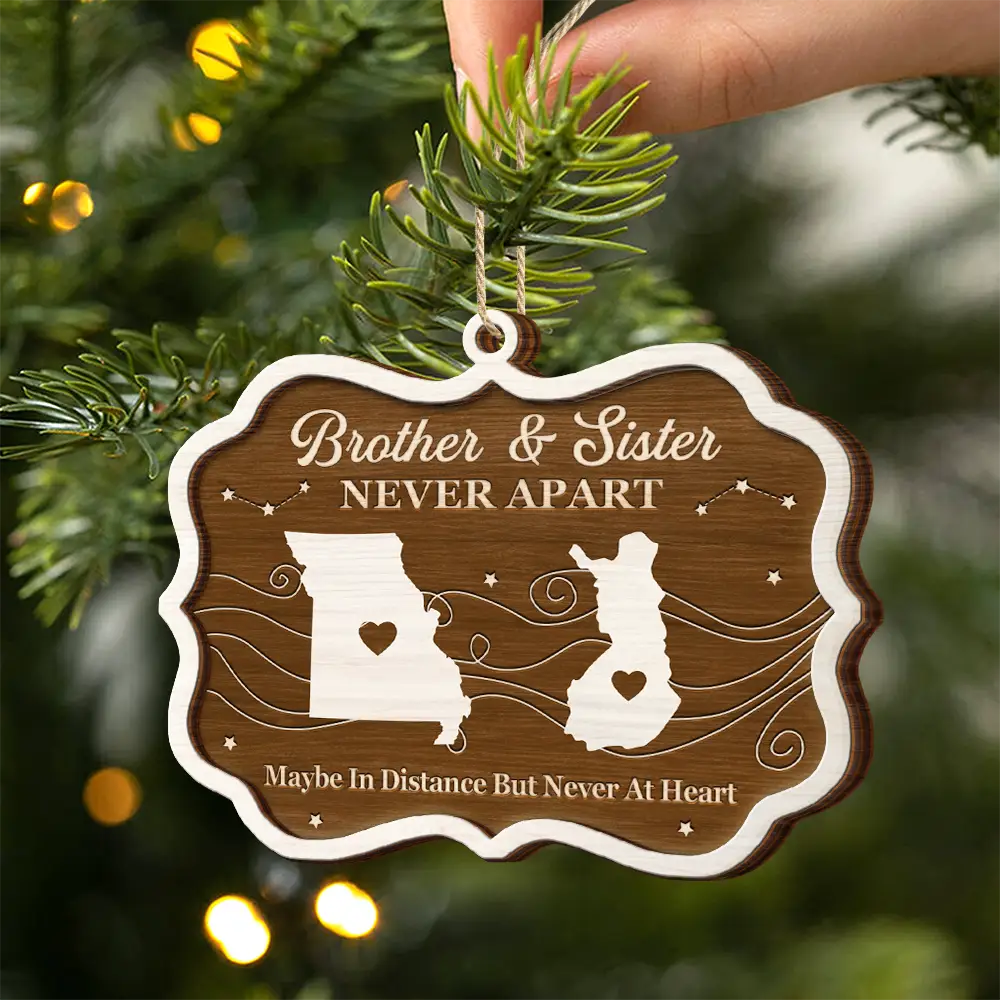 Long Distance Siblings Never Apart - Personalized 2-Layered Wooden Ornament - Image 2