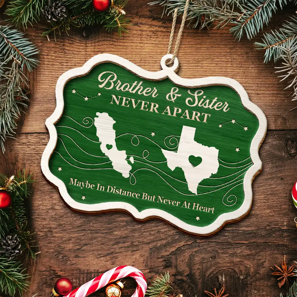 Long Distance Siblings Never Apart - Personalized 2-Layered Wooden Ornament - Image 4