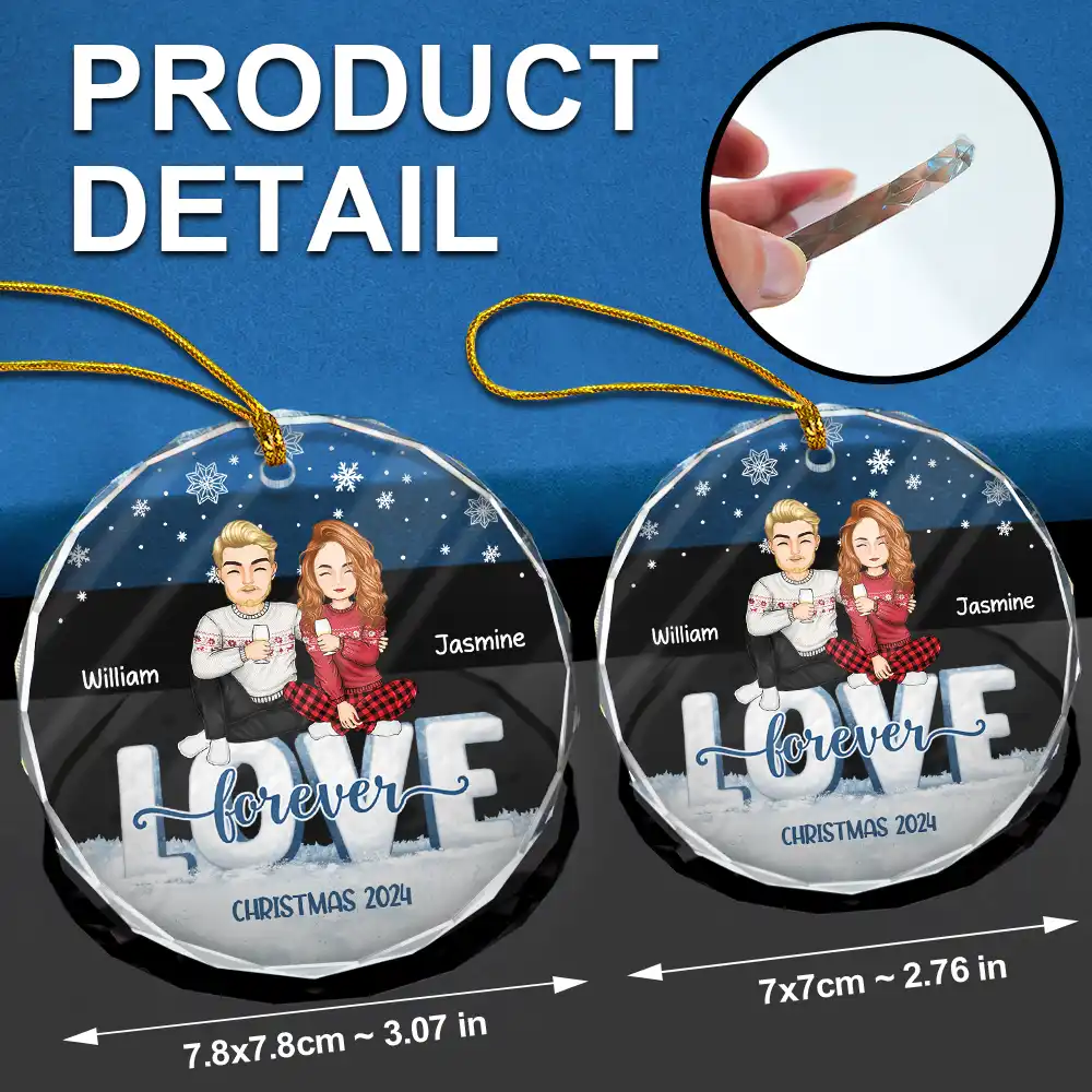 Love Forever Christmas Cartoon Couple - Personalized Circle Glass Ornament - Image 6