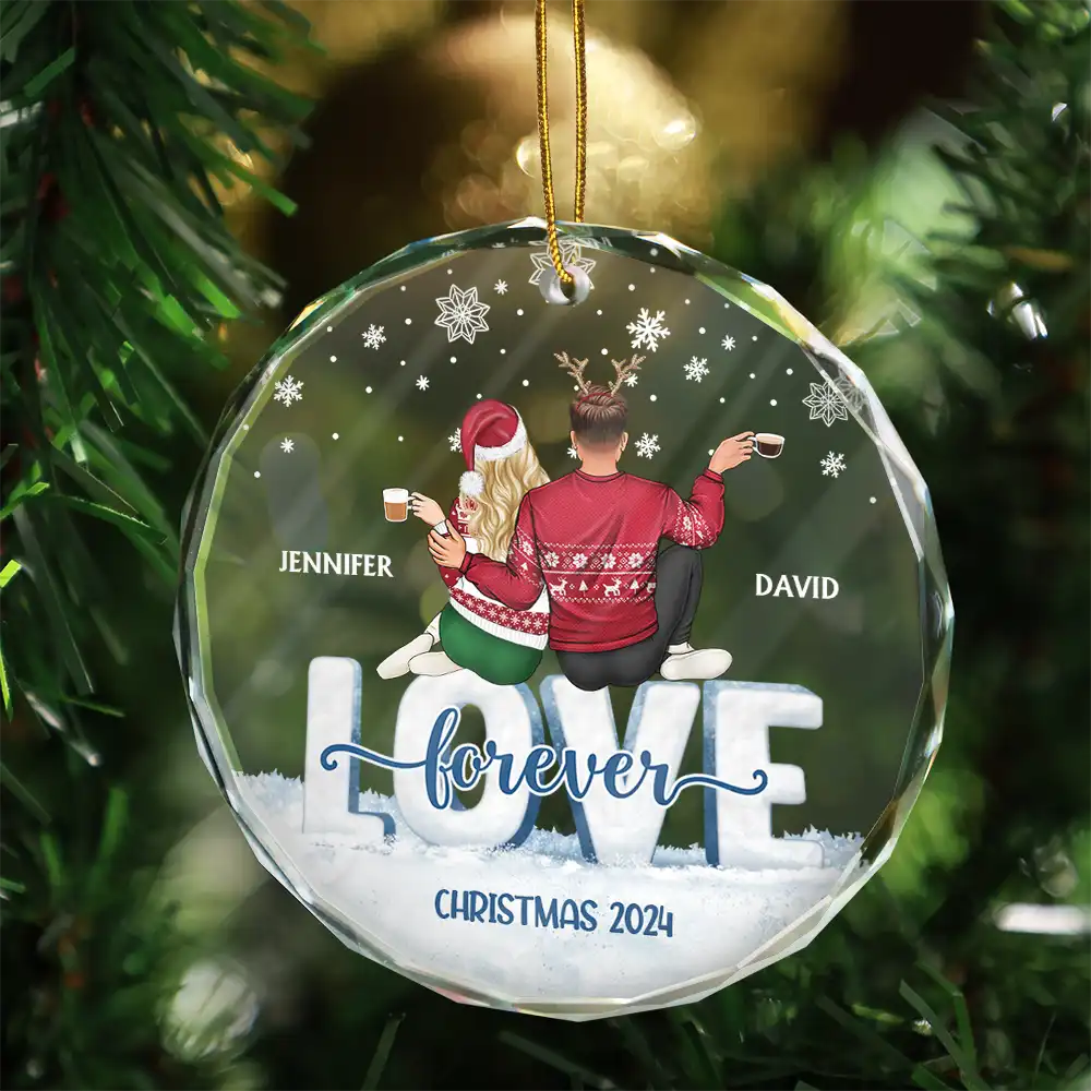 Love Forever Christmas Couple - Personalized Circle Glass Ornament - Image 3