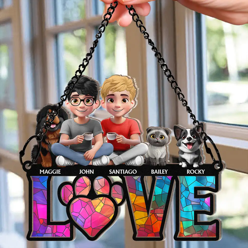 Love Is A Four Legged Word With Dogs Cats - Personalized Window Hanging Suncatcher Ornament - Image 2