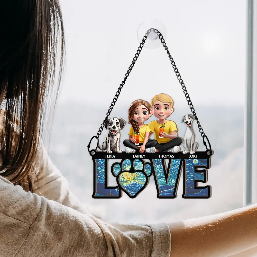 Love Is A Four Legged Word With Dogs Cats - Personalized Window Hanging Suncatcher Ornament - Image 4