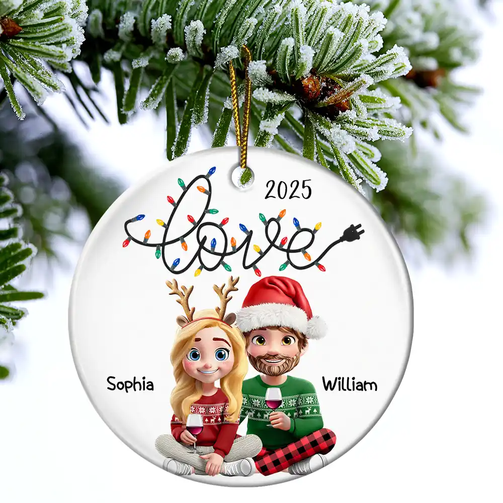 Love Light Christmas 3D Couple - Personalized Circle Ceramic Ornament - Image 4