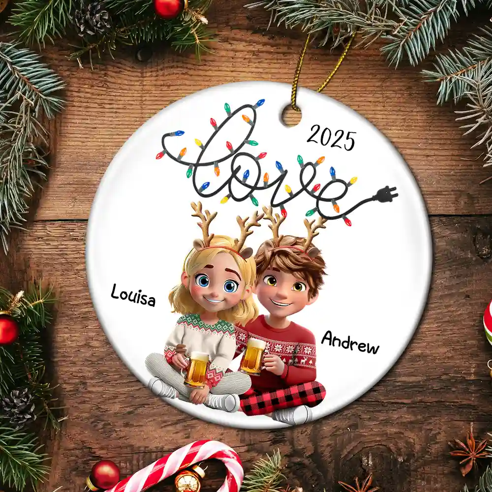 Love Light Christmas 3D Couple - Personalized Circle Ceramic Ornament - Image 5