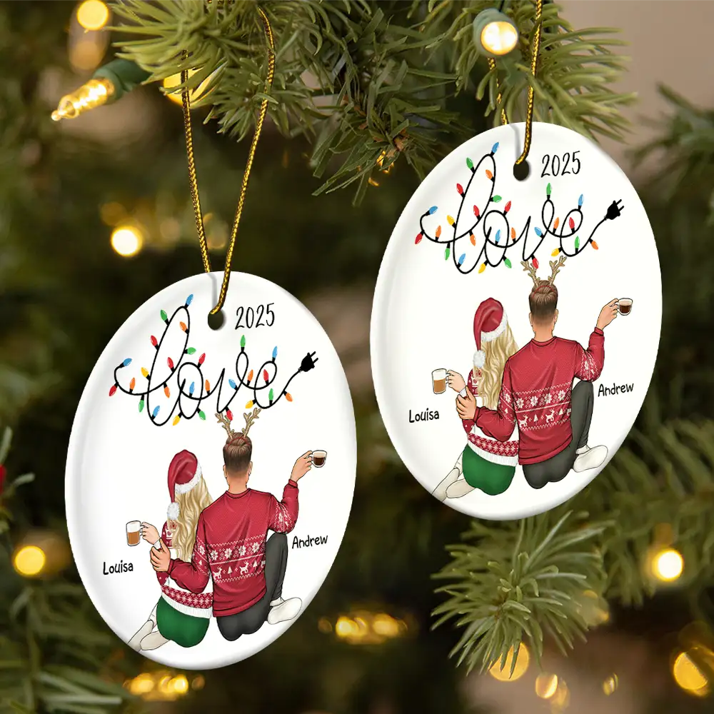 Love Light Christmas Couple - Personalized Circle Ceramic Ornament - Image 2